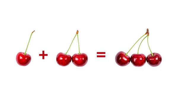 Una cereza más dos cerezas equivalen a tres cerezas. Banner de matemáticas — Foto de Stock