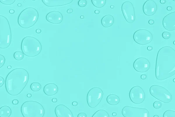 Frame of Water drops on a pastel blue or turquoise background. Water texture close up. Backdrop glass covered with drops of water. Water bubbles. — Stock Photo, Image