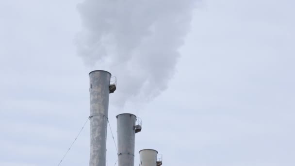 Aus dem alten Schornstein einer Fabrik oder eines Kraftwerks quillt weißer Rauch, der die Umwelt verschmutzt. Giftige Produktionsfirma. Industrieunternehmen. — Stockvideo
