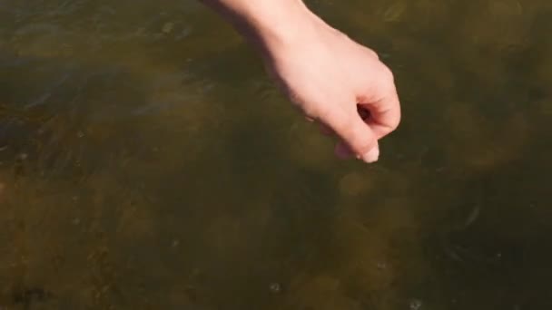 Vista de cerca en la mano de la mujer toca suavemente la superficie del agua del río. La mano de mujer pasa los dedos por el agua. Cámara lenta full HD de vídeo — Vídeos de Stock