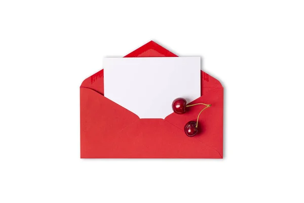 Blank white card in red envelope decorated with cherry isolated on white background. Template or mock up. Banner with copy space — Stock Photo, Image