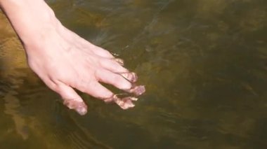 Kadının elini yakından görmek nehir suyunun yüzeyine nazikçe dokunur. Kadın eli parmaklarını suyun içinde gezdiriyor. Yavaş çekim tam HD video