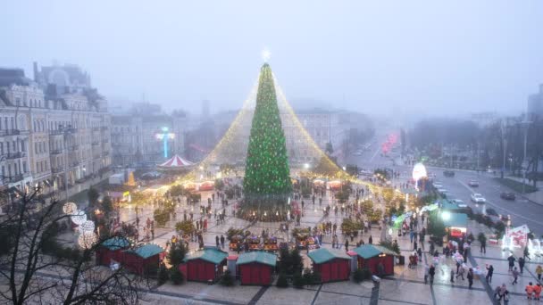 Kiev, Ucrânia - 03 de janeiro de 2021: Vista sobre a Praça Sofiyskaya no centro da cidade de Kiev e bela árvore de ano novo. Árvore de Ano Novo principal em Kiev em 2021 — Vídeo de Stock