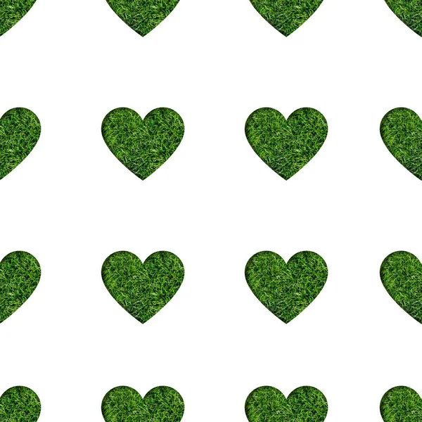 Forma de corazón lleno de hierba verde patrón sin costuras. Patrón ecológico. Banner de San Valentín Verde. Corazón hecho de hierba sana aislado en blanco —  Fotos de Stock