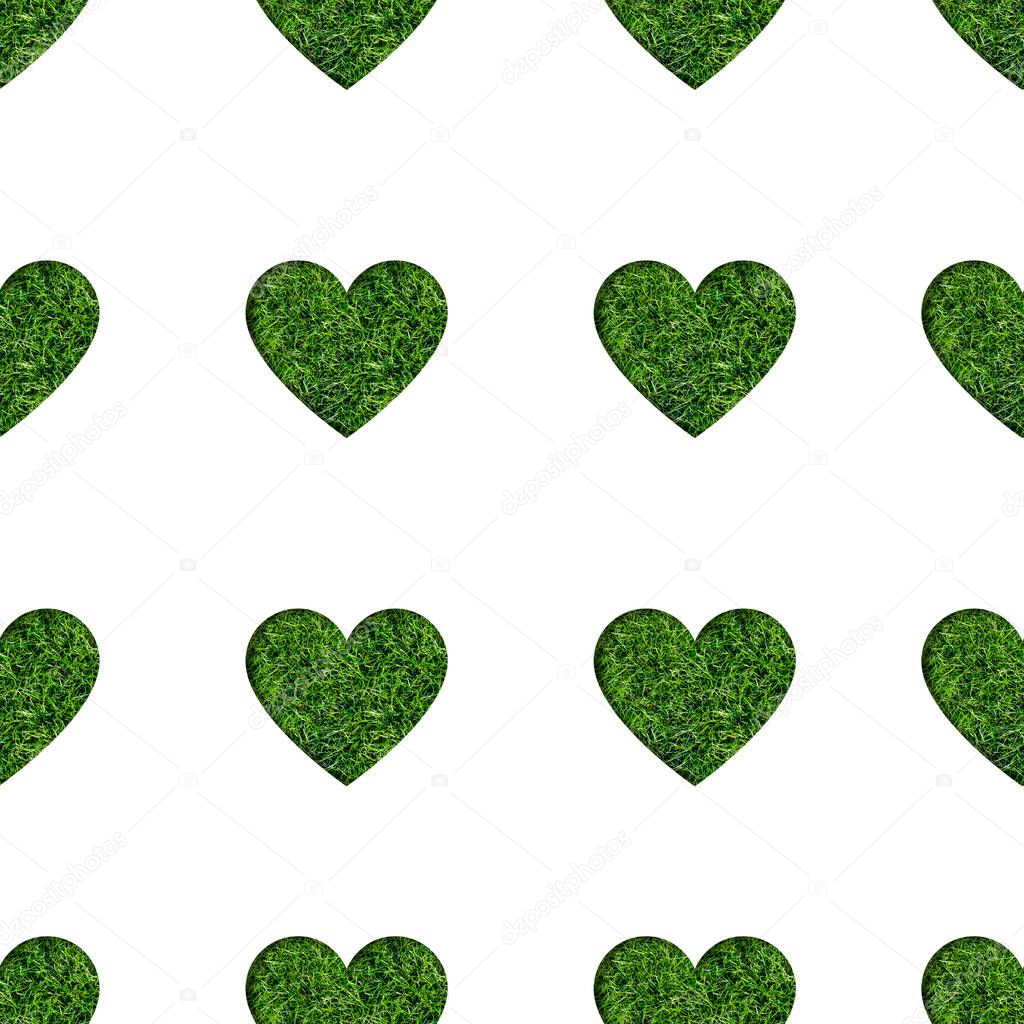 Heart shape filled with green grass seamless pattern. Eco friendly pattern. Green valentine banner. Heart made of healthy grass isolated on white