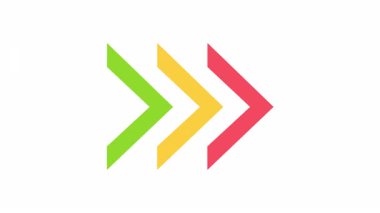 Soyut animasyonda beyaz arka planda renkli sağ işaret eden oklar. Geçiş, kaydırma, hareket, geçiş veya ileri eylem sembolü. Modern dijital arayüzler için en küçük döngü hareketi