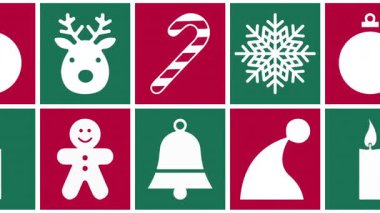 Düz Noel ikonları, ren geyikleri, kar tanesi, çan, şeker kamışı, şapka, mum ve zencefilli ekmeğe sahip kusursuz bir döngü animasyonu, şenlikli kırmızı ve yeşil bir arka planda hareket ediyor.