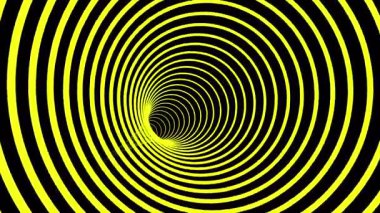 Sarı eşmerkezli çemberlerin bir tünele girdiği optik illüzyon animasyonu, sürekli hareketli ve güçlü kontrast ile hipnotik, dinamik bir görsel efekt yaratıyor.