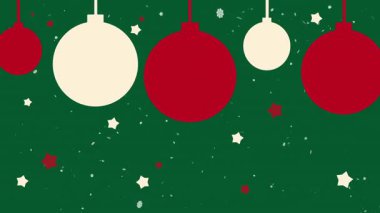 Noel mücevherlerini asmanın kusursuz bir animasyonu. Düşen karlar sahnede yavaşça sallanırken ve küçük festival yıldızları, yeşil bir tatil arka planına hafifçe titreşirken.