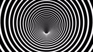 Siyah ve beyaz eş merkezli daireler içeren optik illüzyon animasyonu, tünele benzer bir hareket efekti yaratıyor, hipnotik, büyüleyici bir görsel şablon yaratıyor, kesintisiz ve kesintisiz bir hareketle
