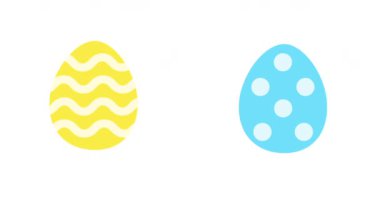 Animasyon Paskalya yumurtaları beyaz arka planda eğlenceli bir şekilde hareket eder. Her yumurta eşsiz bir tasarıma sahiptir: dalgalı sarı çizgiler, mavi benekler ve kırmızı kalpler.