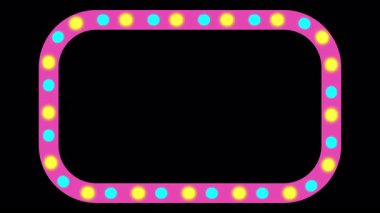Siyah arkaplan üzerinde yuvarlak bir dikdörtgen çerçeve ve pankart oluşturan renkli neon ışıklı animasyon, pürüzsüz parlayan ampuller, işaretler, tanıtımlar ve UI örtüleri için ideal