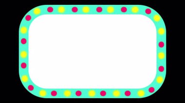 Siyah arkaplan üzerinde yuvarlak bir dikdörtgen çerçeve oluşturan, parlak ampullerin renk değiştirmesi, işaretler, tanıtımlar ve UI kaplamaları için mükemmel bir döngü animasyonu