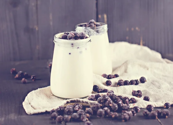 Iogurte natural com uma passa de Corinto preta . — Fotografia de Stock