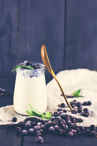 Iogurte natural com uma passa de Corinto preta — Fotografia de Stock