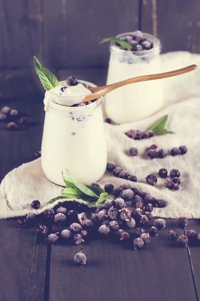 Iogurte natural com uma passa de Corinto preta — Fotografia de Stock