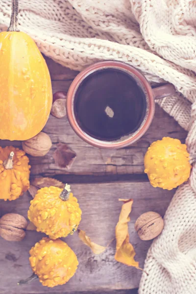 Xícara de café, abóbora, folhas de outono — Fotografia de Stock