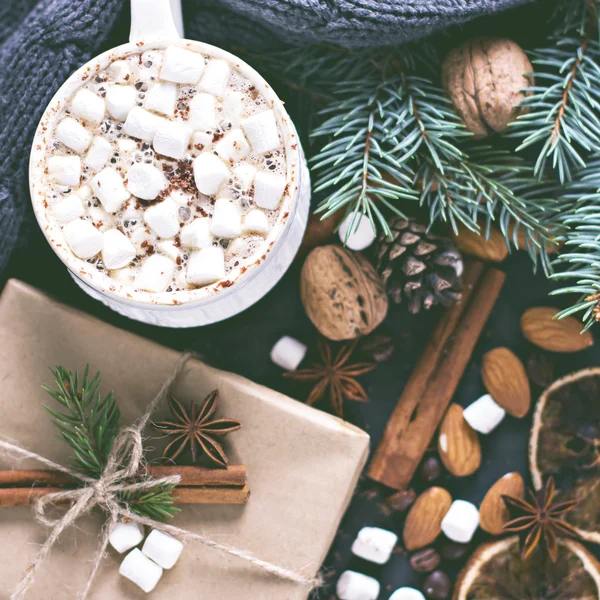 Cacao, café con malvaviscos, nueces, regalo — Foto de Stock