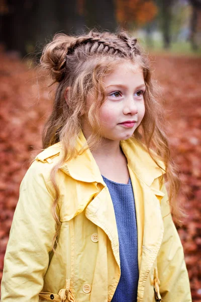 秋の公園を歩く黄色いレインコートの少女 — ストック写真