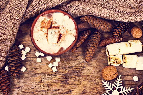 Cacao, caffè, regalo, ramo di abete, noci, coni, accogliente coperta lavorata a maglia. Biscotti di Natale Una mano di donna tiene una tazza. — Foto Stock