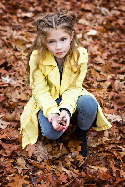 秋の公園を歩く黄色いレインコートの少女 — ストック写真