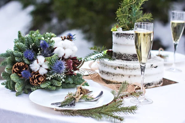 Pastel Boda Estilo Invierno Estilo Rústico Boda Invierno Decoración Boda —  Fotos de Stock