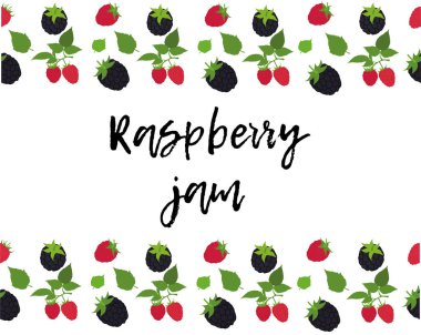 Kusursuz sınır çerçevesi arka plan ahududu reçeli. Vektör çizimi. Meyve suyu, çay, böğürtlen dolu fırın, çiftçi pazarı, market, bakkal, sağlık ürünleri için kızılcık tasarımı. 