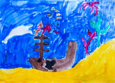 Çocuk çizimleri, deniz tabanında bir gemi. 