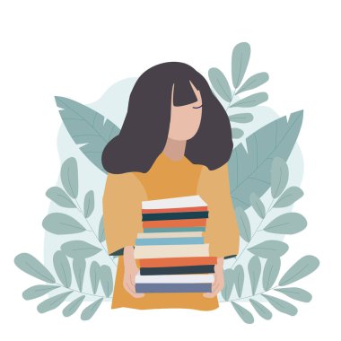 The girl is holding a stack of books. Student, schoolgirl, back to school, start of a new school year, study. Flat illustration. 