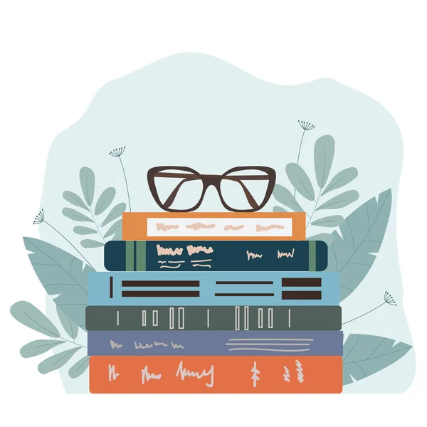 Ilustración Vectorial Gafas Los Mejores Libros Apilados Ilustración Conceptual Los — Archivo Imágenes Vectoriales