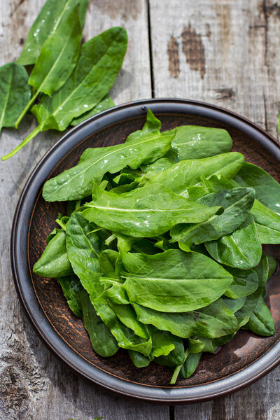 Sorrel leaves on a plate, the plate is on the old boards