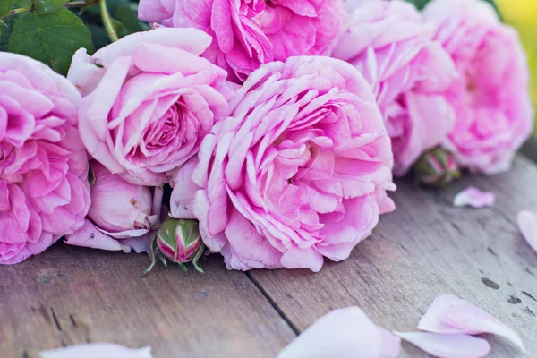 Rosa rosa en las viejas tablas — Foto de Stock