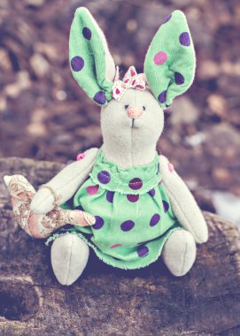 Yumuşak oyuncak - bunny eski bir ağaçta oturuyor.