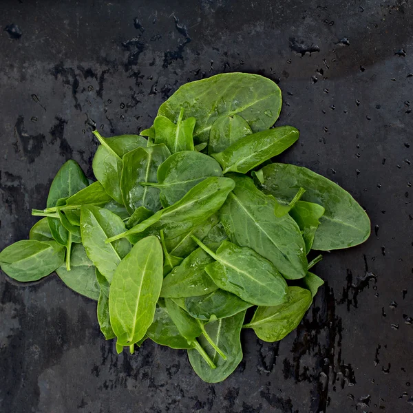 Foglie di acetosa fresche sul vecchio tavolo nero — Foto Stock