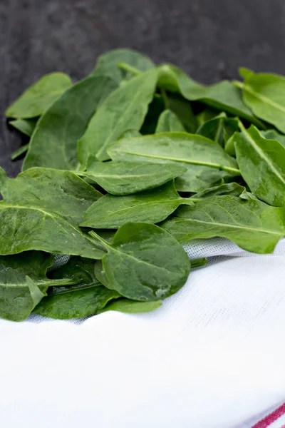 Frische Sauerampferblätter auf dem alten schwarzen Tisch — Stockfoto