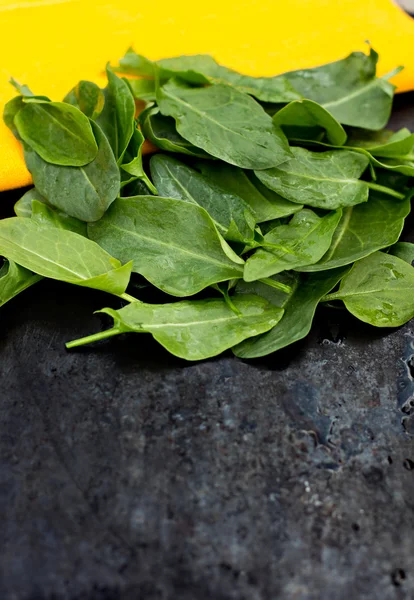 Fresh sorrel leaves  on the old black table — Stock Photo, Image
