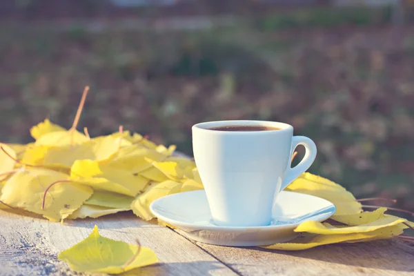 Cangkir kopi dan daun kuning musim gugur — Stok Foto