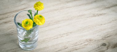 Güzel bahar çiçekleri ile bayrak ekleyin. Buket bahar çiçek cam ahşap masa arka plan üzerinde. Bahar çiçekleri ile kartı. Vintage tarzı. Tonlama resim.