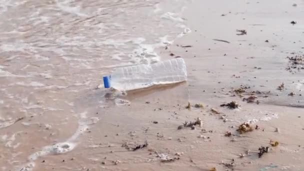 Botol plastik mencemari pantai laut. Masalah polusi lingkungan. — Stok Video