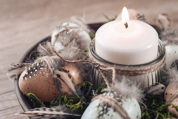 Spring decor ideas Diy. How to make Easter floral arrangement with decorative eggs, candle and moss. Step by step, tutorial.