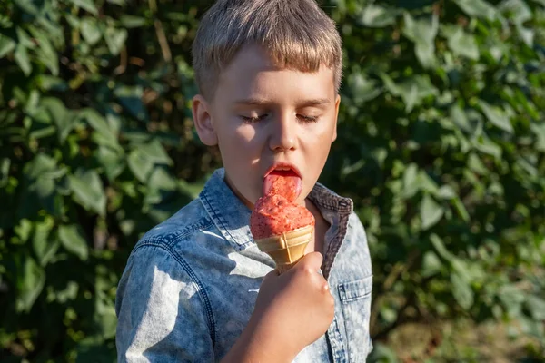 Blondyn chłopiec jedzący lody truskawkowe w parku w ciepły słoneczny letni dzień. — Zdjęcie stockowe