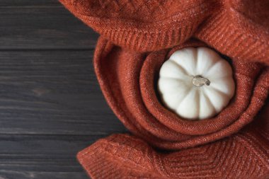 Yünlü örgü battaniye ve beyaz balkabağı ile sonbahar kompozisyonu