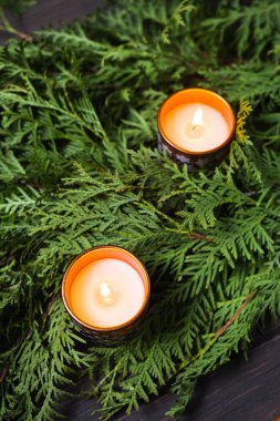 Noel kompozisyonu, köknar dalları ve mumlarla. Noel ya da Yeni Yıl için şenlik düzenlemesi.