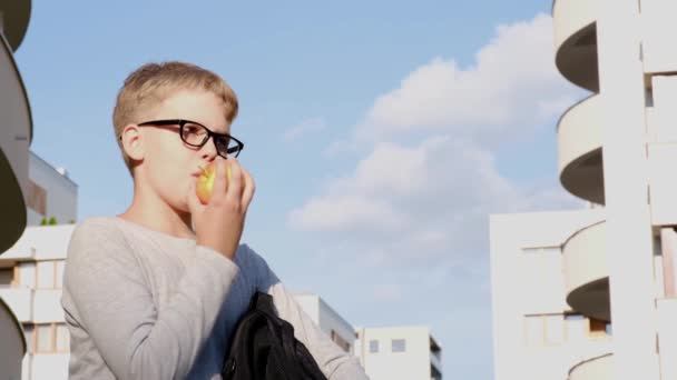 Söt skolpojke med glasögon äter äpple mot den blå himlen på en solig dag. — Stockvideo