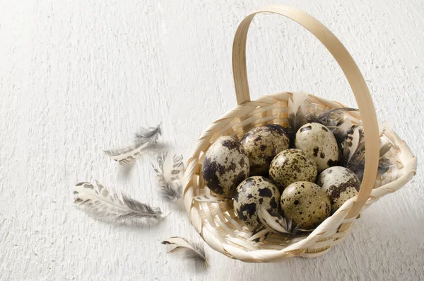 Raw quail eggs in the basket and on a table — Stock Photo, Image