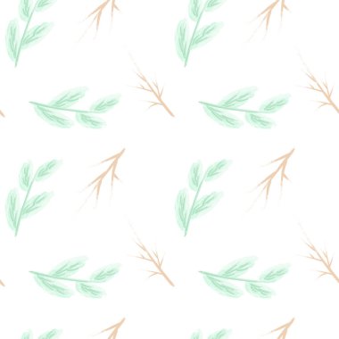 Elle çizilmiş yeşil yapraklar ve beyaz arkaplanda bej dallarla kusursuz botanik desen.