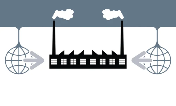 Dos símbolos globales con flechas e icono de fábrica — Vector de stock