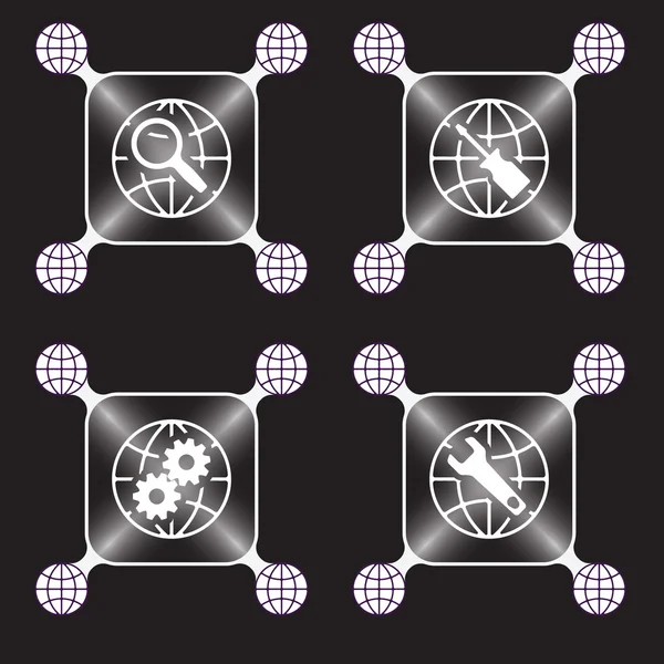 Quattro oggetti con l'icona del globo e diversi strumenti — Vettoriale Stock