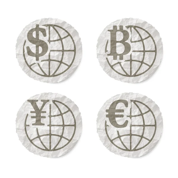 Crumpled slip of papers and a different currency icons — Stock Vector