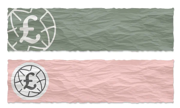 Duas bandeiras verdes de papel amassado com ícone de libra esterlina — Vetor de Stock